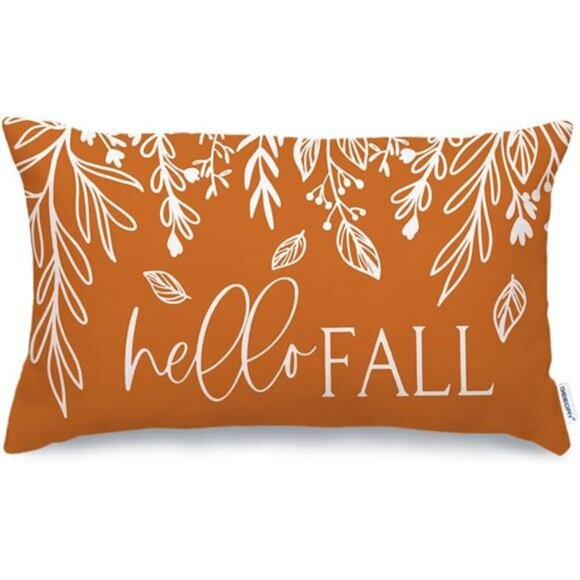Fall Pumpkin Lumbar Pillow Cover 12x20 Hello Autumn Farmhouse Cushion for Sofa C - Picture 1 of 6